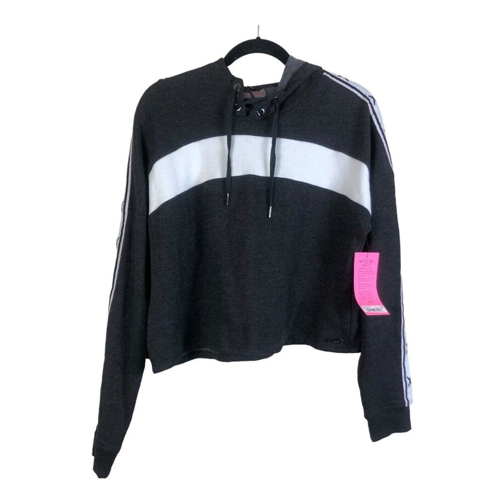 Betsy Johnson M Sweatshirt Cropped Hoodie Drawstring Dark Gray Striped